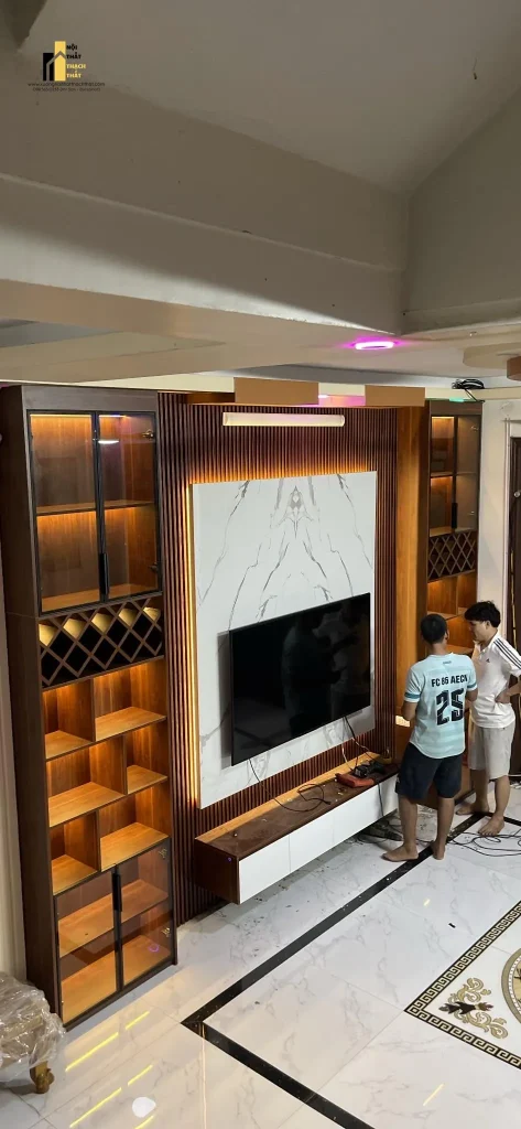 Thi công vách tivi phòng khách - vách tivi đẹp hiện đại 2026